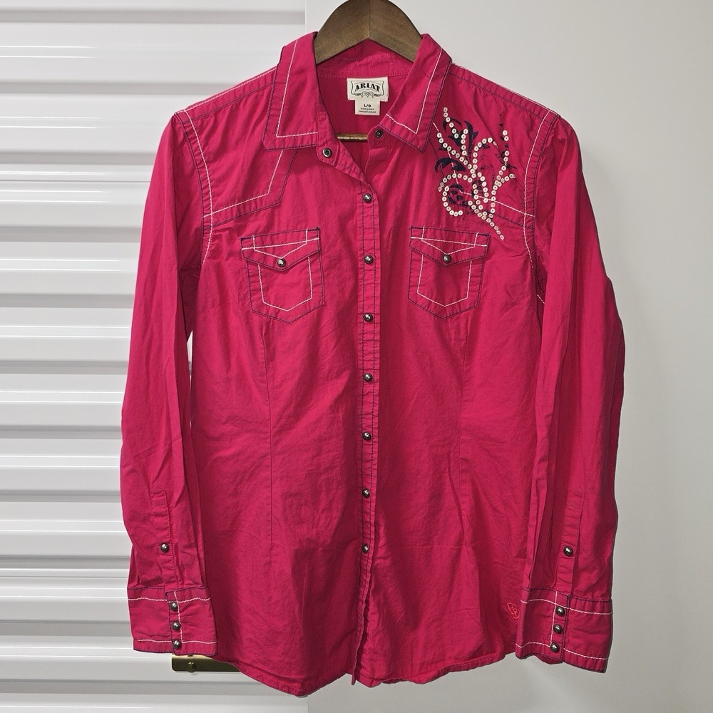 Ariat Womens Large Pink Western Snap Shirt Sequins Embroidered 100% Cotton